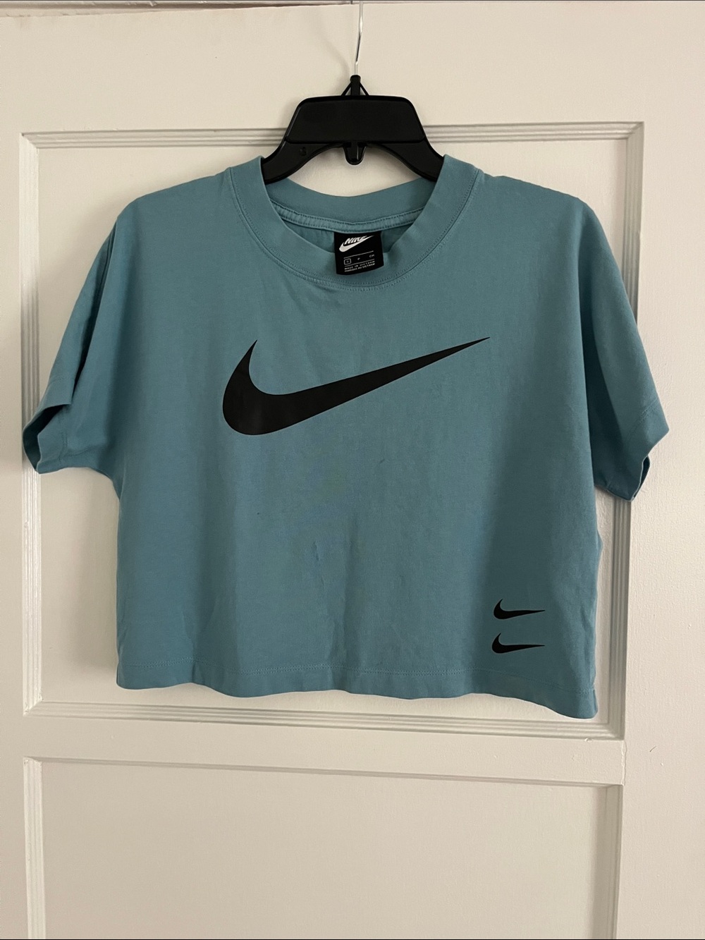 Nike Teal Grey Blue Cropped Swoosh T-Shirt